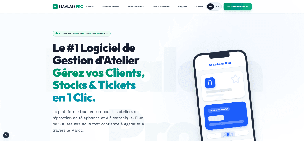 Aperçu de la plateforme web et mobile Maalam Pro (SaaS Métier & CRM Ateliers)