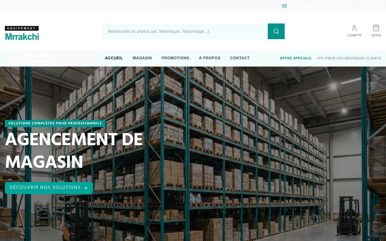 Aperçu de la plateforme web et mobile Marrakchi Équipements (Infrastructure Industrielle B2B)